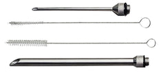The SpitJack 2 Needle and 2 Brush Completer Set for MJ102 Meat Injector includes two metal needles and two loop-handled cleaning brushes, all laid out horizontally on a white background.