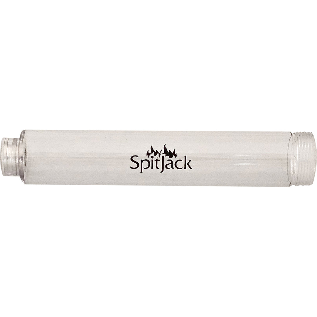 The SpitJack PULSE Meat Injector Barrel Replacement Part is a clear, cylindrical barrel with threaded ends and the SpitJack name plus flame logo in black, designed for use as a replacement part for the SpitJack PULSE Meat Injector.