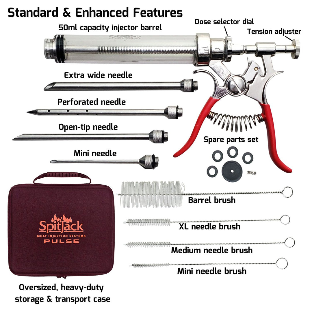 The SpitJack PULSE Meat Injector Kit by SpitJack includes a 50ml food-grade plastic injector, four needles, ergonomic grip, cleaning brushes, spare parts, and a deluxe red carrying case—all displayed on a white background.