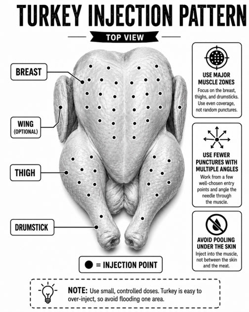 Diagram showing the turkey injection pattern with labeled parts and injection points.