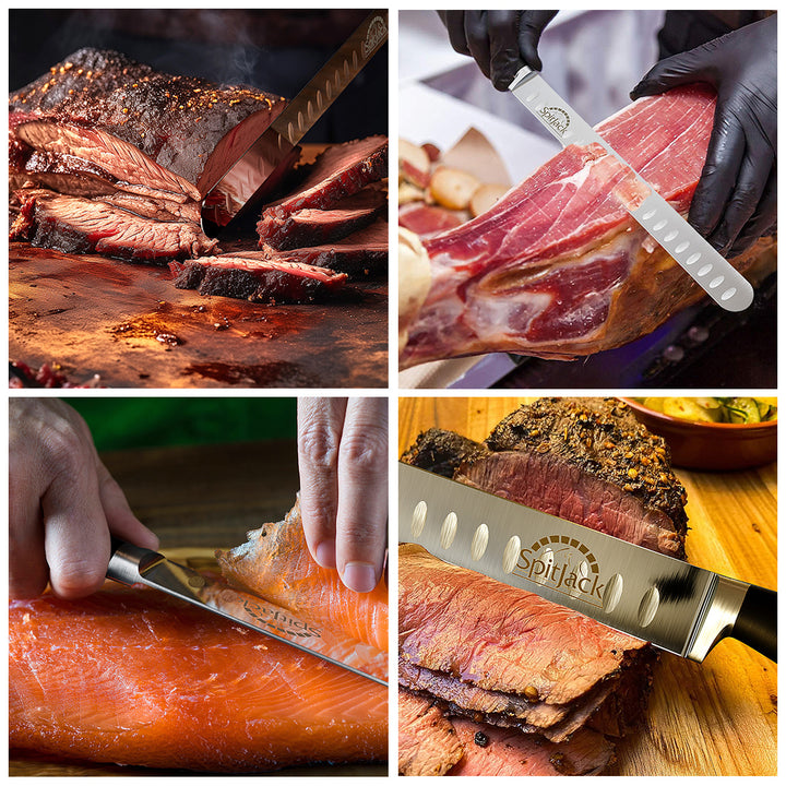 A collage of four meats—brisket, ham, salmon, and roast beef—expertly sliced with the SpitJack Deluxe Brisket Slicing Knife (11" Competition-Chef Series).