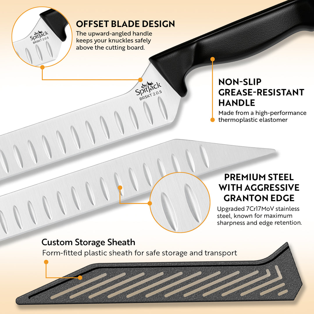 Close-up of the SpitJack BRSKT 2.0S Brisket Slicing Knife featuring a Granton edge, non-slip thermoplastic handle, premium steel blade, and a custom form-fitted storage sheath.