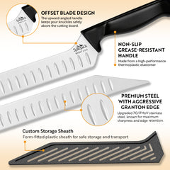 Close-up of the SpitJack BRSKT 2.0S Brisket Slicing Knife featuring a Granton edge, non-slip thermoplastic handle, premium steel blade, and a custom form-fitted storage sheath.