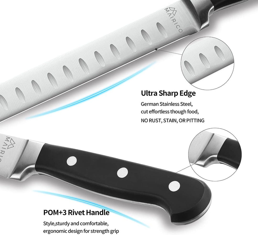 Close-up of the SpitJack Deluxe Brisket Slicing Knife - 11 Inch Blade, Competition-Chef Series, with ultra-sharp German stainless steel Granton blade and ergonomic black POM handle—perfect for competition barbecue.