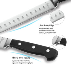 Close-up of the SpitJack Deluxe Brisket Slicing Knife - 11 Inch Blade, Competition-Chef Series, with ultra-sharp German stainless steel Granton blade and ergonomic black POM handle—perfect for competition barbecue.