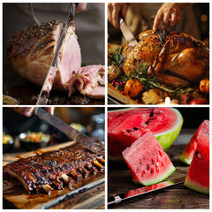 A four-panel collage featuring the SpitJack Deluxe Brisket Slicing Knife - 11 Inch Blade, Competition-Chef Series, slicing ham, roast turkey, barbecue ribs, and watermelon—ideal for BBQ competitions and family gatherings.