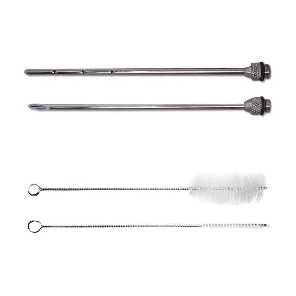 The SpitJack Magnum Meat Injector by SpitJack, shown with two threaded metal needles, comes with a deluxe case and two cleaning brushes featuring white bristles and twisted wire handles.