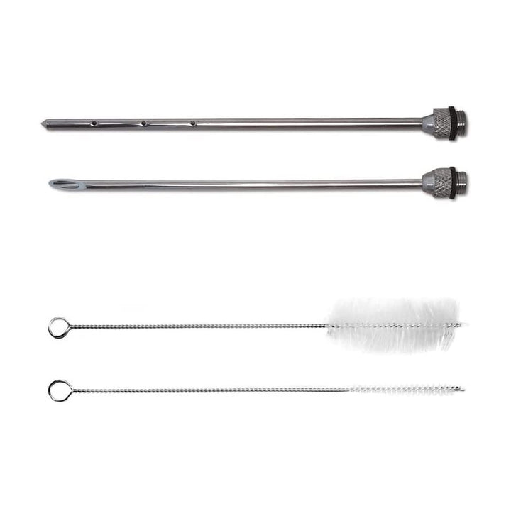 The SpitJack Magnum Meat Injector by SpitJack, shown with two threaded metal needles, comes with a deluxe case and two cleaning brushes featuring white bristles and twisted wire handles.