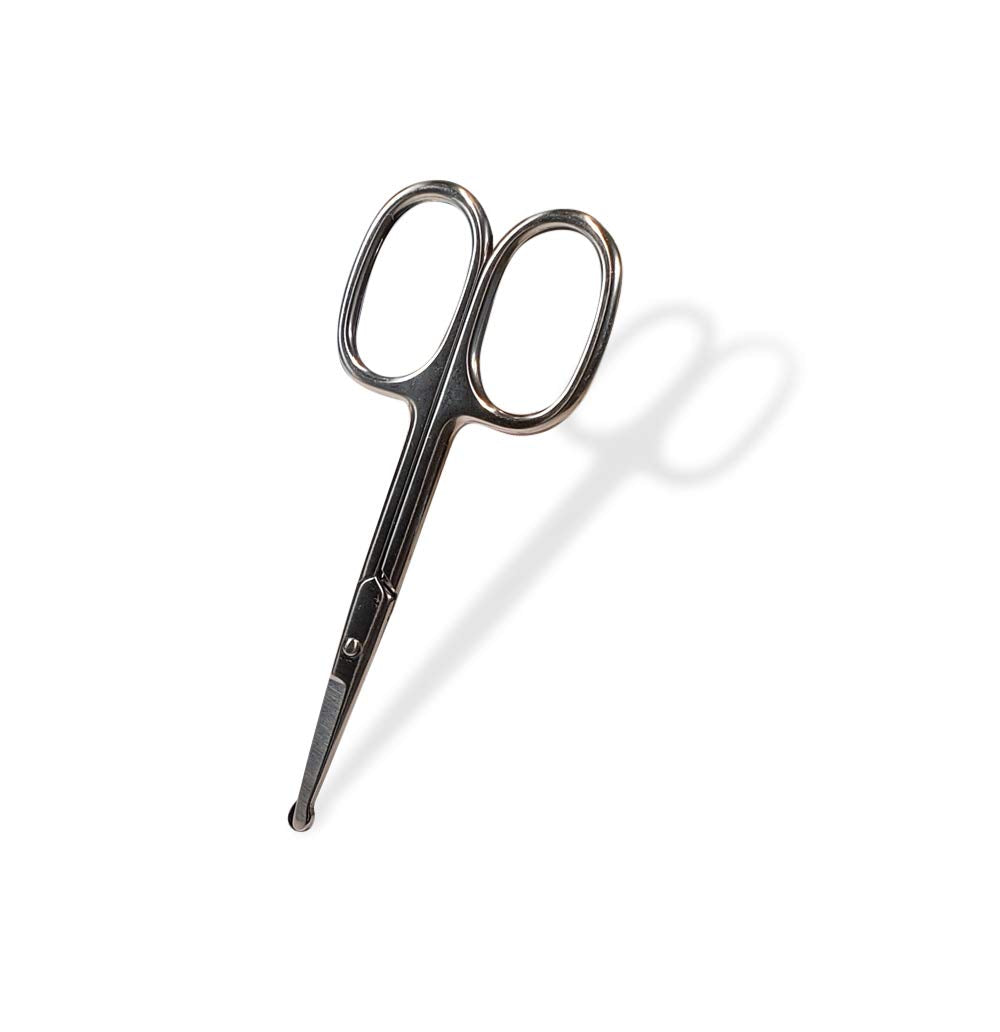 A pair of small, metallic SpitJack Butchers Twine and Kitchen Utility Scissors with rounded tips, perfect for charcuterie supplies, casting a shadow on a white background.