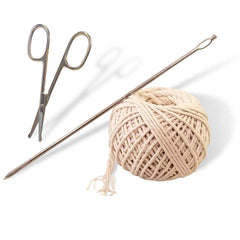 A SpitJack Meat Trussing Needle, Butcher's Cooking Twine and Utility Scissors Bundle on a white background, commonly used for cooking.