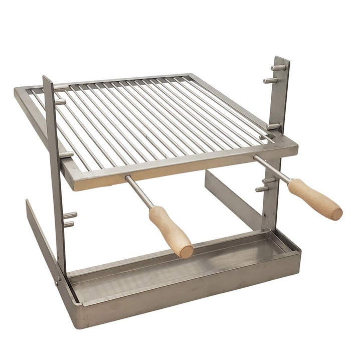 A SpitJack ALL Stainless Tuscan Fireplace and Camping Grill with two wooden handles.