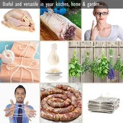 A collage of pictures featuring the use and versatility of SpitJack Meat Trussing Needle, Butcher's Cooking Twine and Utility Scissors Bundle in your kitchen home guide.