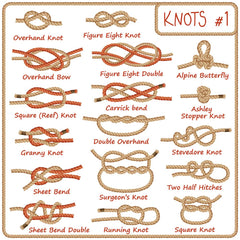 Various types of knots on a white background featuring SpitJack's Butcher's Twine 3 Pack (555-Feet).