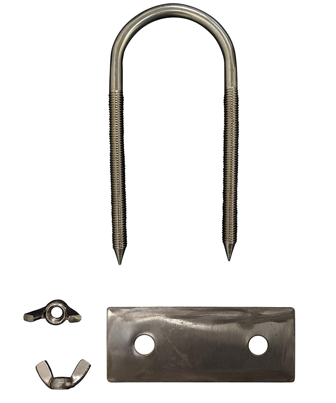 A set of SpitJack Stainless Rotisserie Trussing U-Bolt - 8" (2 Pack) and a hook.