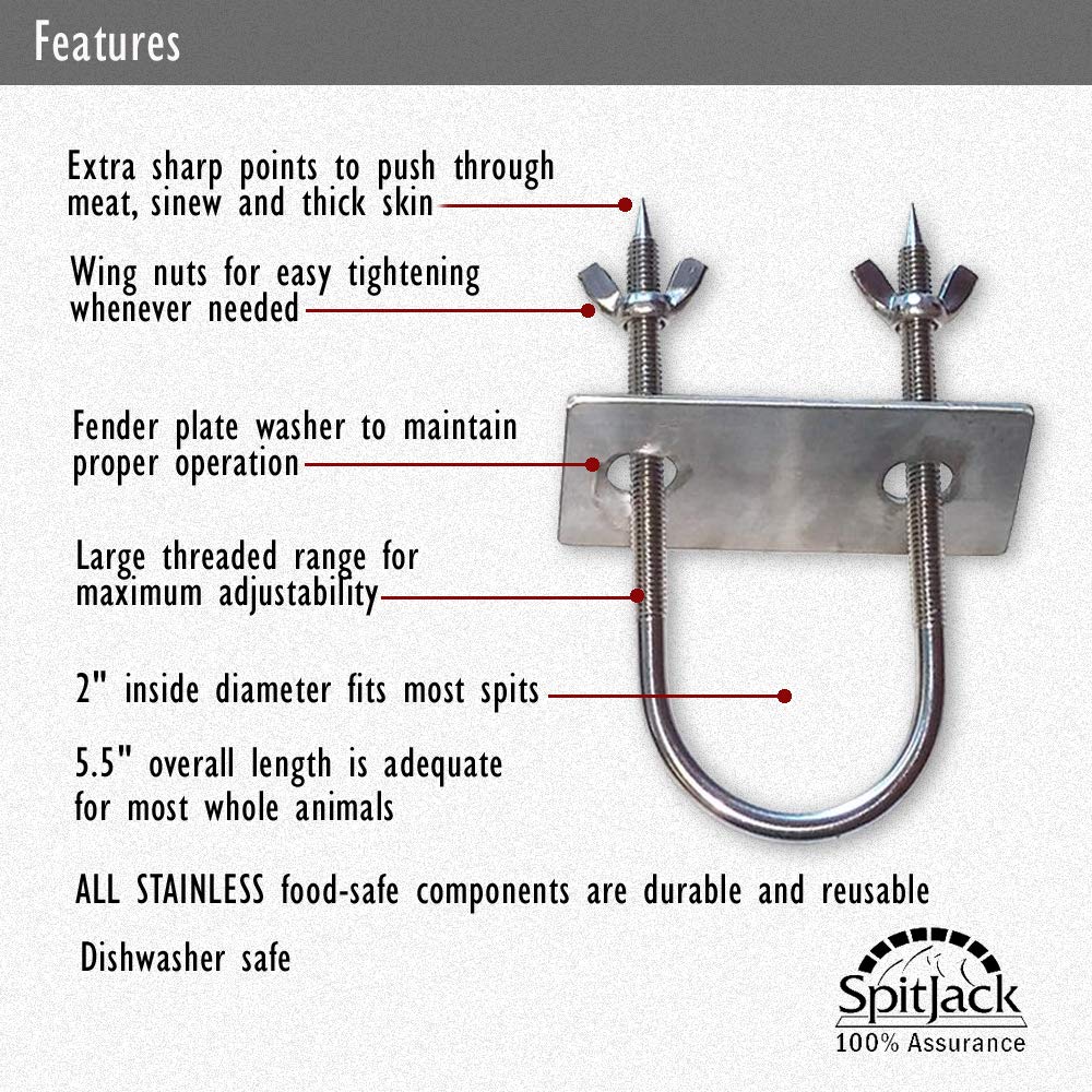 A diagram showing the features of a SpitJack Stainless Rotisserie Trussing U-Bolt - 8" (2 Pack).
