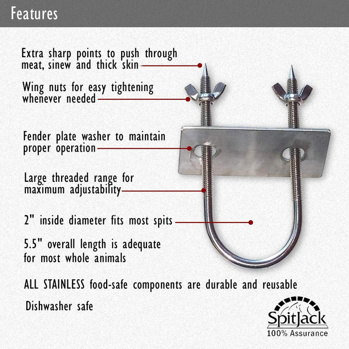 A diagram showing the features of a SpitJack Stainless Rotisserie Trussing U-Bolt - 8" (2 Pack).