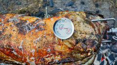 A roasted pig with a SpitJack Dual Sensor Meat and Oven Thermometer attached to it.