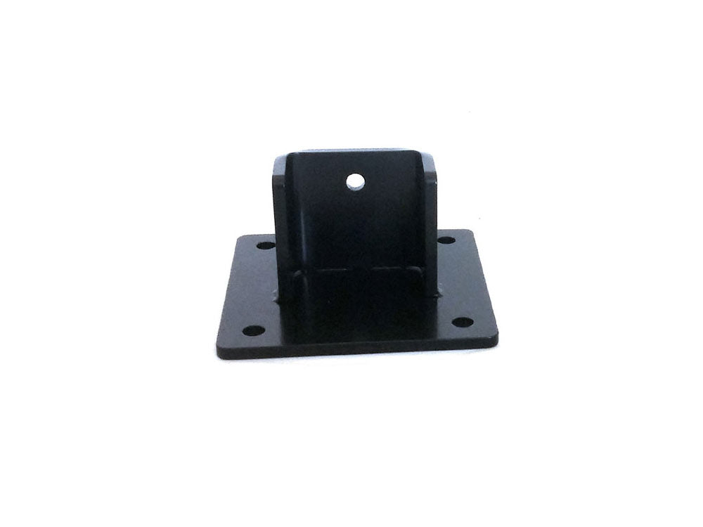 A black SpitJack Rotisserie Post Bracket - Flange with a flat base and an upright central piece, featuring a single hole for mounting, isolated on a white background.