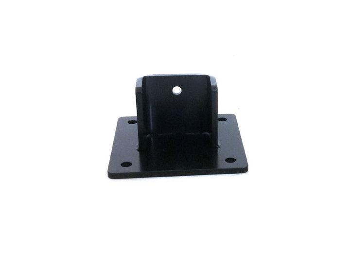 A black SpitJack Rotisserie Post Bracket - Flange with a flat base and an upright central piece, featuring a single hole for mounting, isolated on a white background.