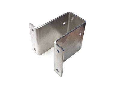 A stainless steel SpitJack Rotisserie Post Bracket with multiple drill holes on a white background.