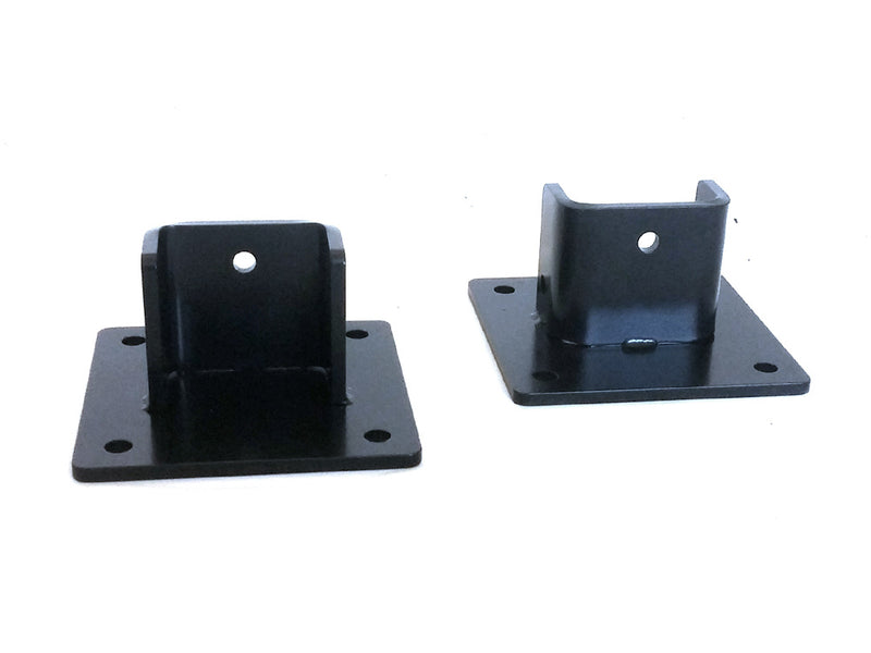 A black SpitJack Rotisserie Post Bracket - Flange with a flat base and an upright central piece, featuring a single hole for mounting, isolated on a white background.