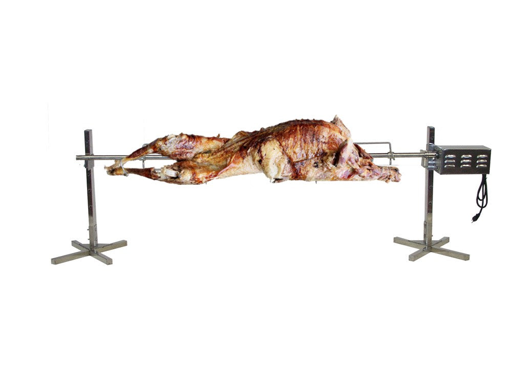 A SpitJack HD75 rotisserie motor suspends a 75 lbs piece of meat on a stand.