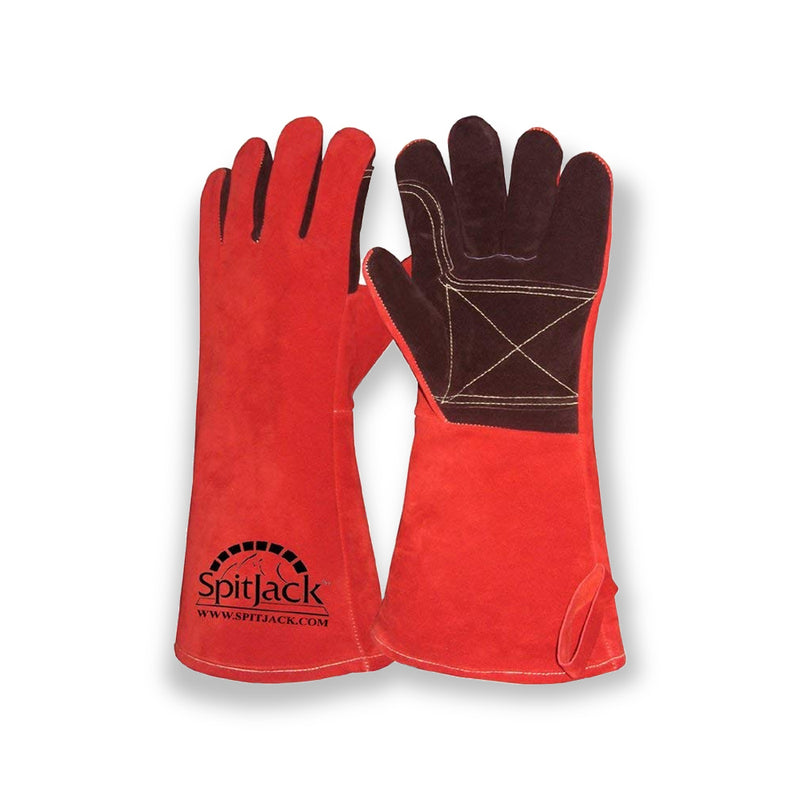 A pair of SpitJack Deluxe Fireplace - Barbecue Gloves FP, red leather welding gloves.