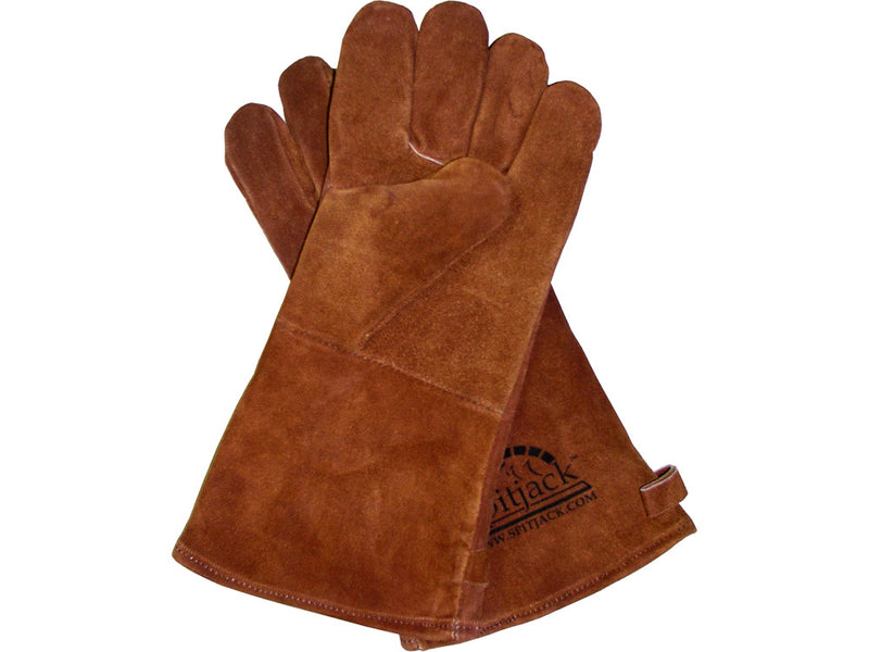 A pair of SpitJack Fireplace & BBQ Gloves (Brown) on a white background.