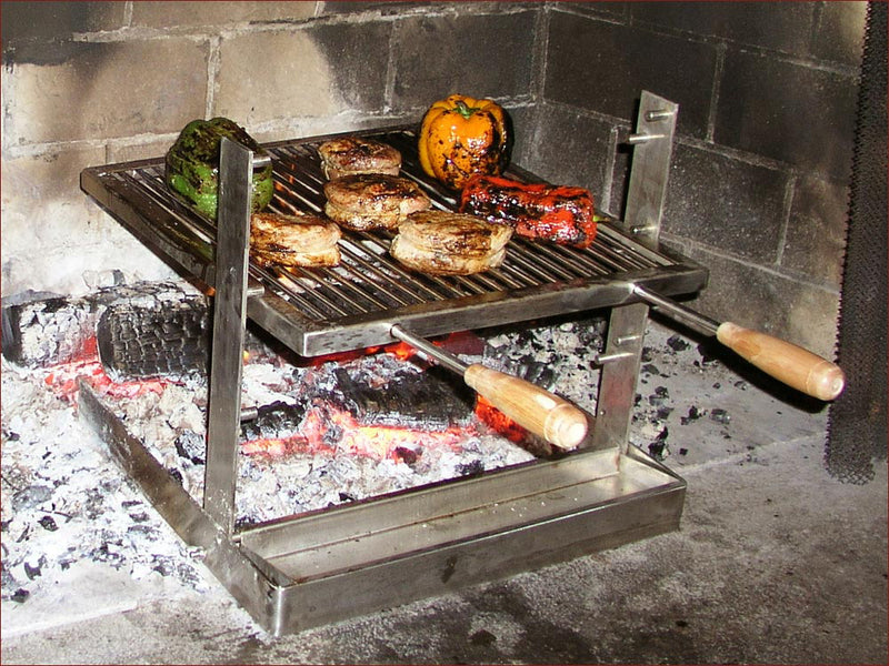 A SpitJack ALL Stainless Tuscan Fireplace and Camping Grill Bundle - DX with gloves and utensils.