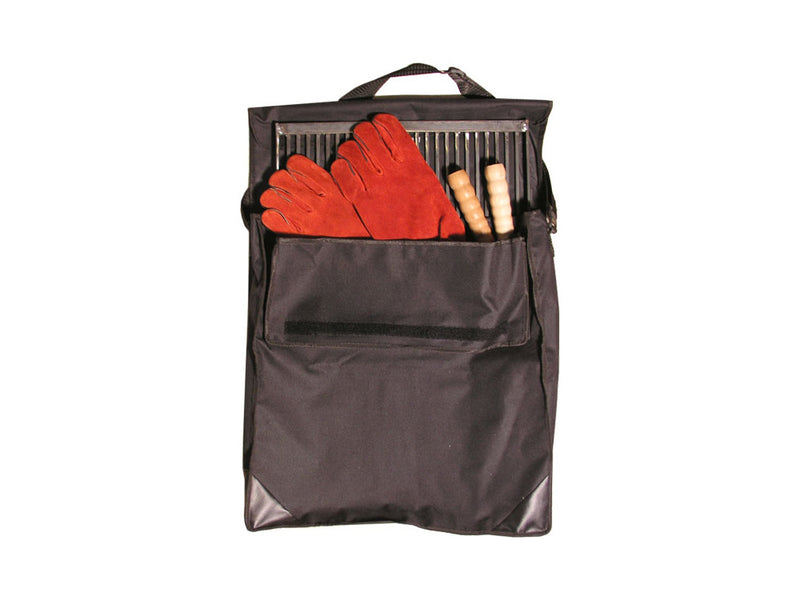 A black Storage & Transport Bag for the SpitJack Adjustable Fireplace Grill with a red SpitJack logo on it.