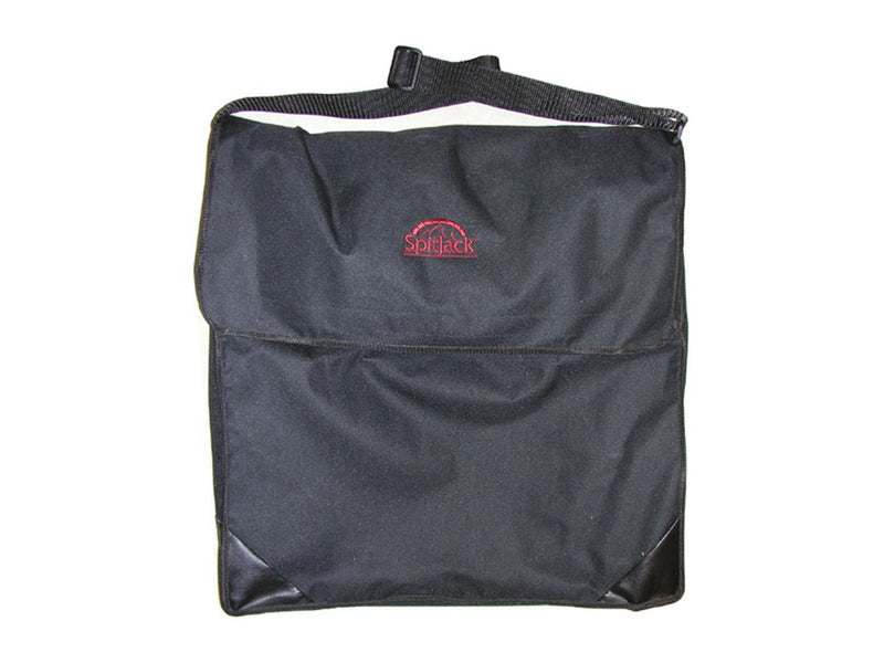 A black Storage & Transport Bag for the SpitJack Adjustable Fireplace Grill with a red SpitJack logo on it.
