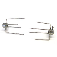 A pair of SpitJack Stainless Rotisserie Forks for 7/8 Inch Spit - 4 Prong on a white background.