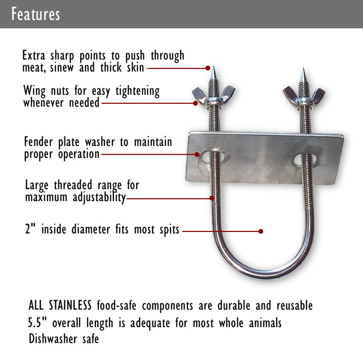 A diagram showing the features of a SpitJack Stainless Rotisserie Trussing U-Bolt - 6" - 2 Pack hook.