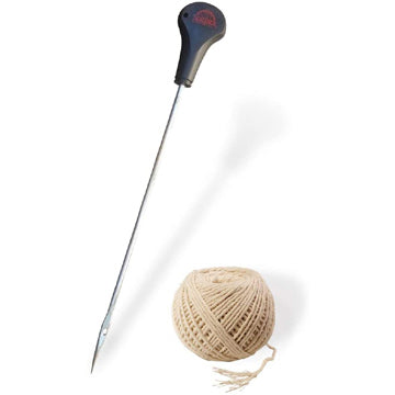 A SpitJack 12 Inch Trussing Needle and Butchers Cooking Twine Kit with a ball of yarn next to it.