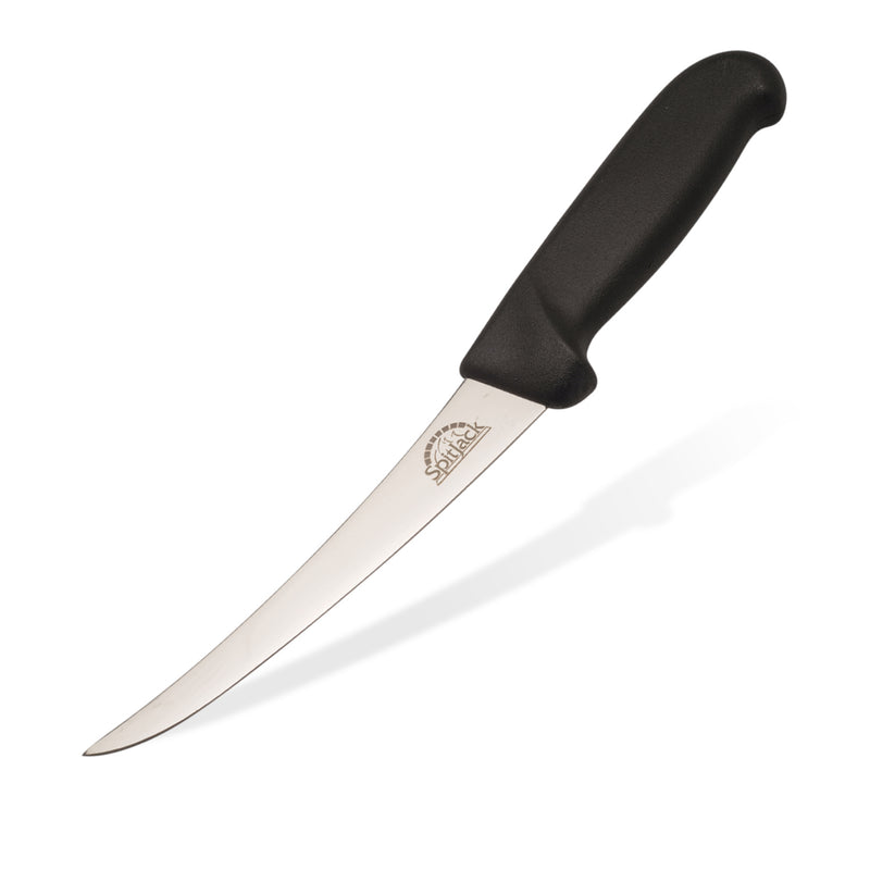 A SpitJack Meat Trimming and Boning Knife - 6 Inch Curved Blade with a black handle on a white background.