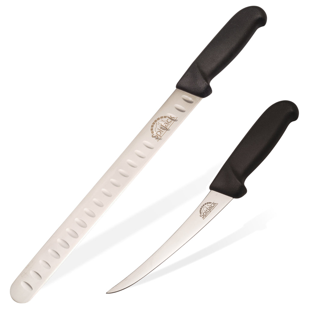 Two SpitJack 6 Inch Beef Brisket Trimming and Boning Knives and 11" Slicing Knives on a white background.