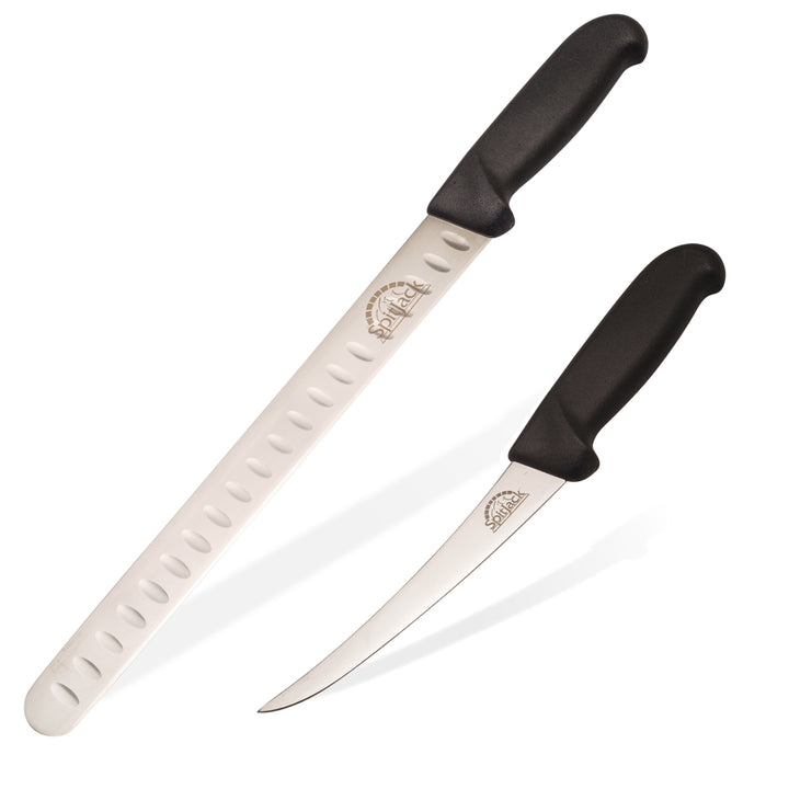 Two SpitJack 6 Inch Beef Brisket Trimming and Boning Knives and 11" Slicing Knives on a white background.