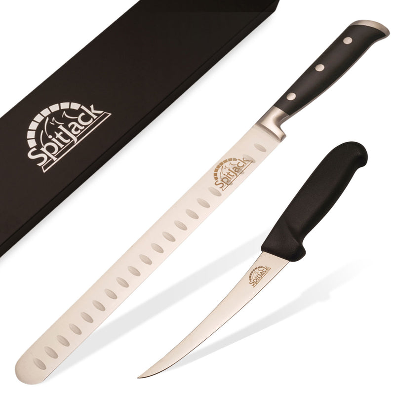 A SpitJack Deluxe 11" Slicing Knife and 6" Boning Knife Bundle with a black handle and a black box.