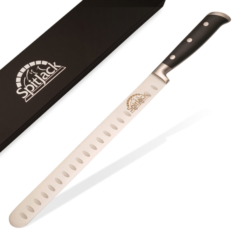 A SpitJack Deluxe Brisket Slicing Knife - 11 Inch Blade, Competition-Chef Series with a black handle in a black box.