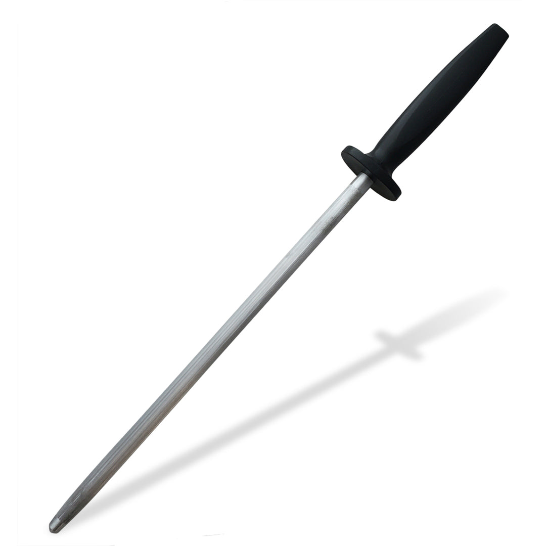 The SpitJack Barbecue Knife Bundle features a sharpening hone with a black handle and stainless steel rod, ideal for maintaining the edge of your chef&
