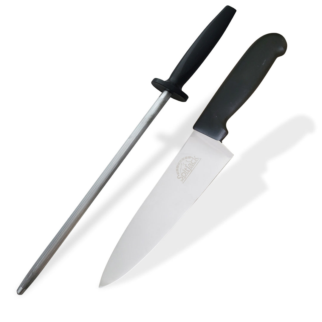 A SpitJack 8 inch Chef Knife and Sharpening Hone Combo. Professional Chopping and Cooking Kitchen Knife Set with a black handle on a white background.