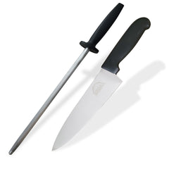 A SpitJack 8 inch Chef Knife and Sharpening Hone Combo. Professional Chopping and Cooking Kitchen Knife Set with a black handle on a white background.