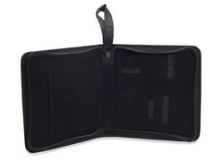 A black folio case with a zippered closure for the Custom Case for SpitJack Meat Injection Systems by SpitJack.