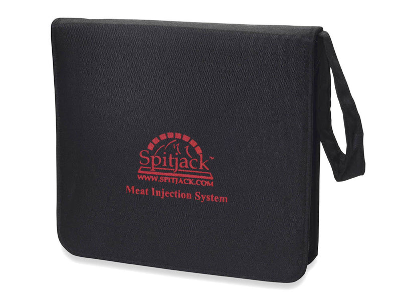 A set of SpitJack Magnum Meat Injector Gun - Complete Kit with Padded Soft Case in a black case.