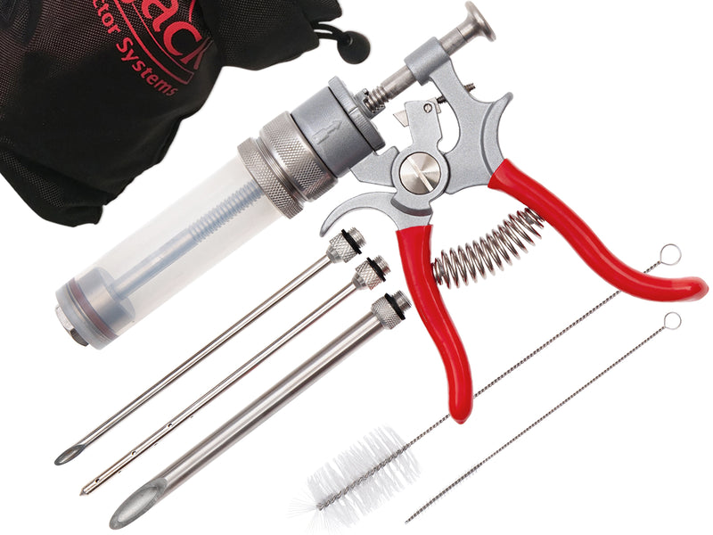 A SpitJack Magnum Meat Injector with 3 Needles - XL with a red handle and a black bag.