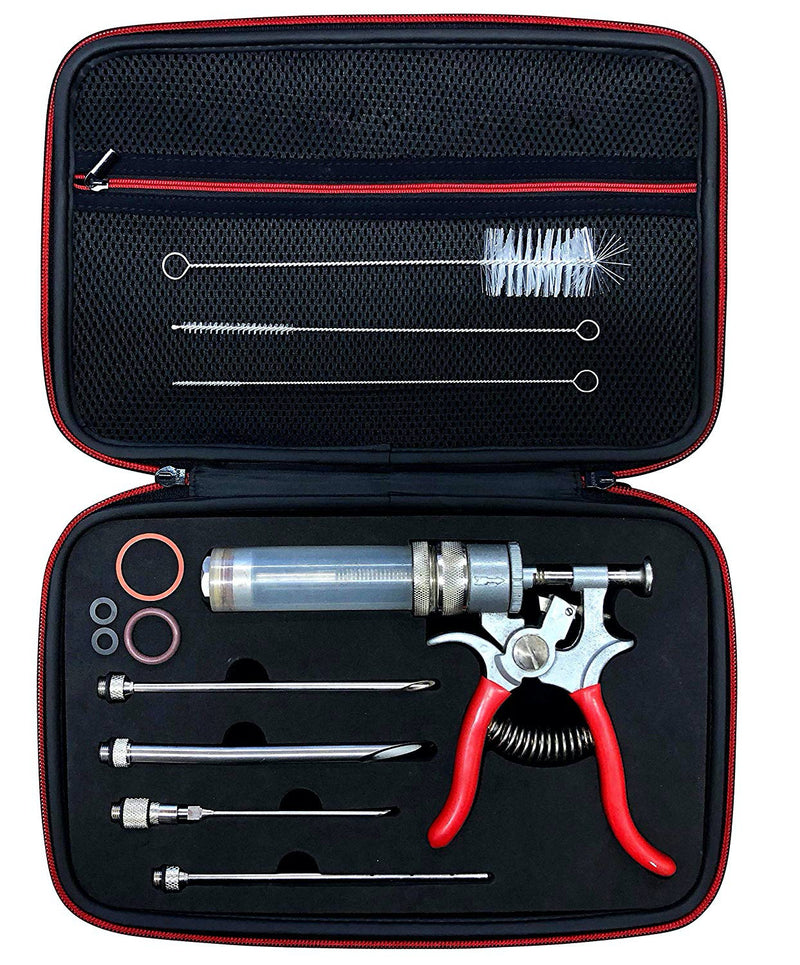 A SpitJack Magnum Meat Injector Gun - Complete Kit with Deluxe Hard Case, containing various tools and accessories.