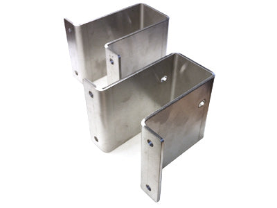 Two SpitJack Rotisserie Post Brackets - Offset - 4" with multiple holes, standing upright on a white background.