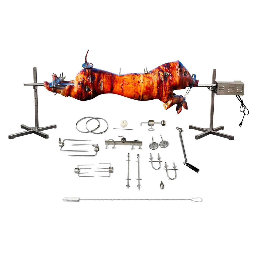 An image of a SpitJack XB125C Whole Hog and Pig Spit Roast Rotisserie System with tools and equipment.