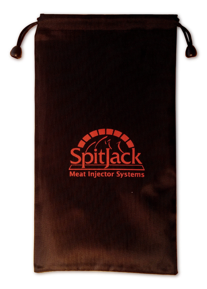 A SpitJack Magnum Meat Injector with 4 Needles tool kit with several tools and a bag.