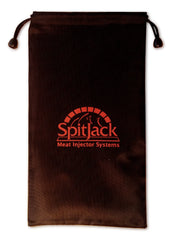 A black drawstring bag with the word SpitJack Magnum Meat Injector with 4 Needles on it.